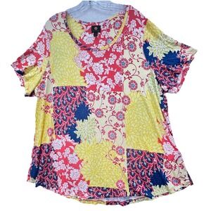JM Collection Top Womens Plus 3X Yellow Floral‎ Print Patchwork Stretch Bright